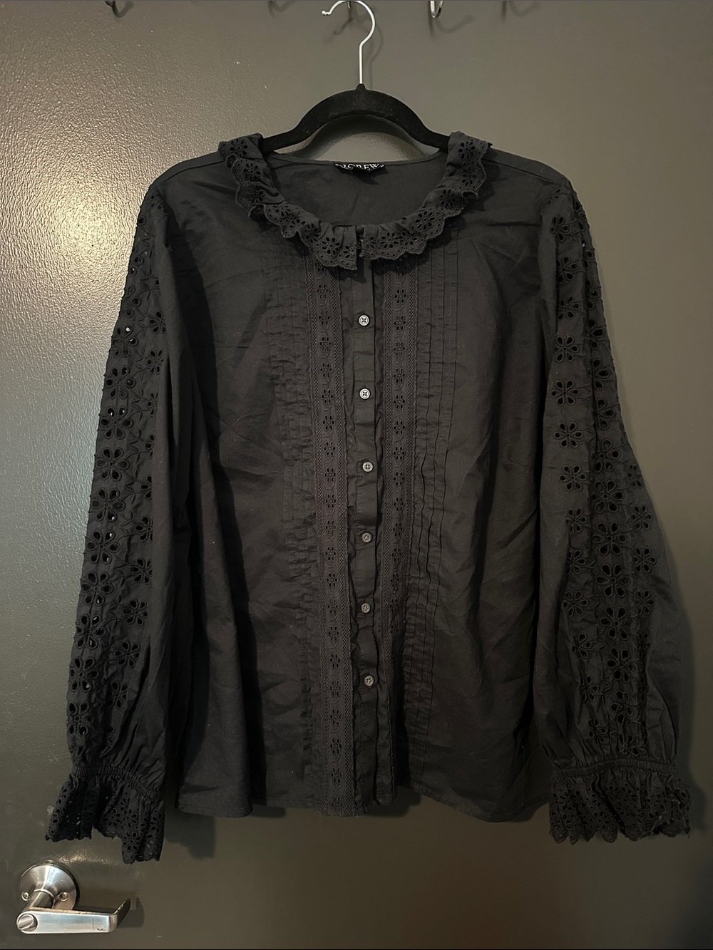 J. Crew Black Eyelet Lace Button-Front Blouse